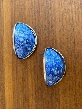 Vintage Lapiz Marbled Silver Tone Stud Earrings